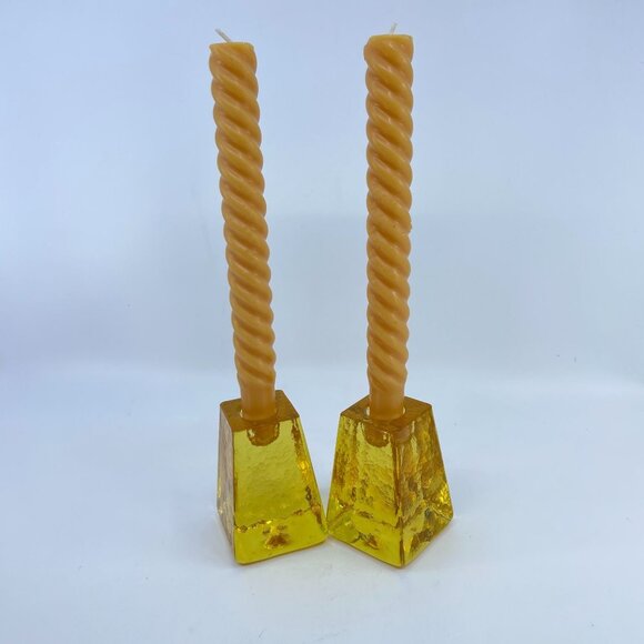 fire and light cast glass candle holders set of 2 citrus yellow signed - Picture 1 of 8